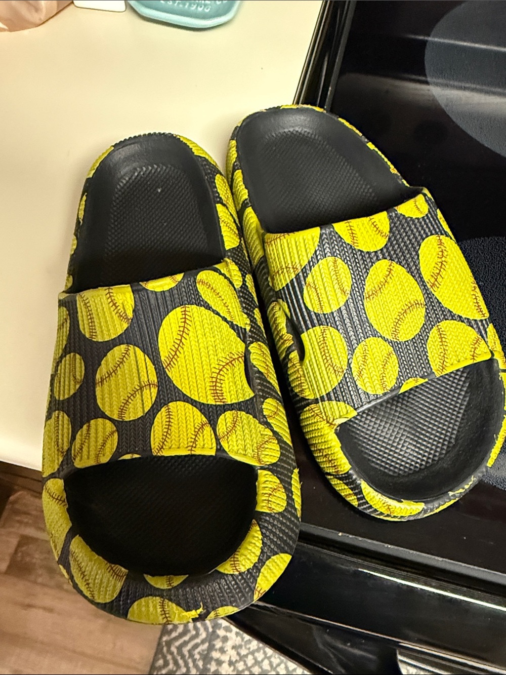 Kids Yellow Baseball Print Slide Sandals